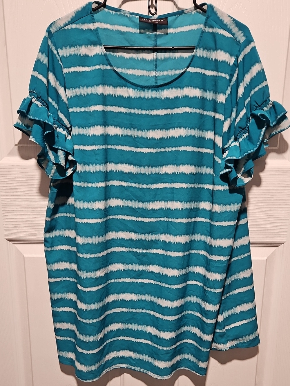 Lane Bryant Teal & White Striped Ruffle Sleeve Tee